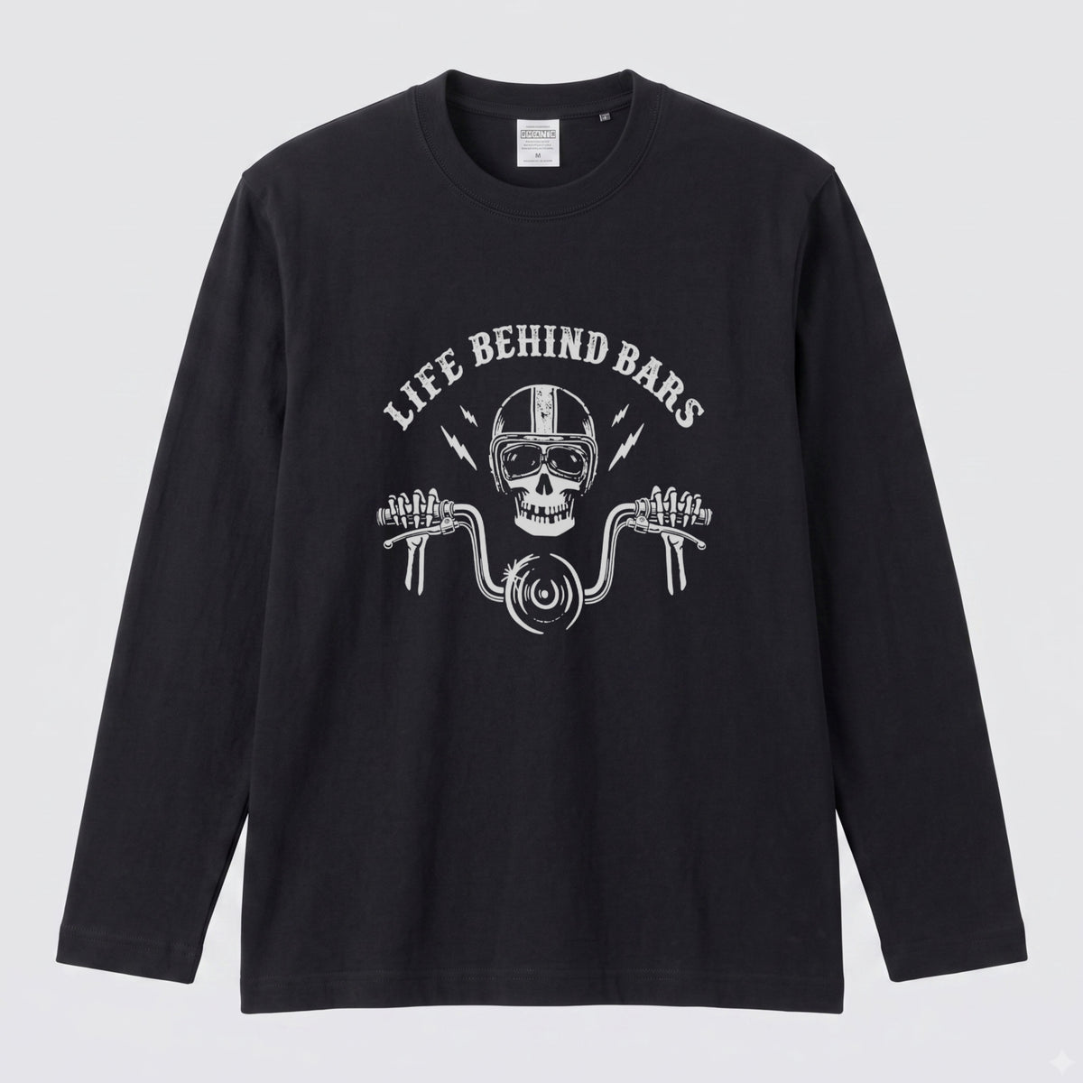 LIFE BEHIND BARS | スカル ライダー チョッパー ハンドル ヴィンテージ風 ロック グラフィック 長袖Tシャツ【バイク雑貨・ツーリング・カジュアル・ギフトに最適】