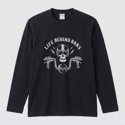 LIFE BEHIND BARS | スカル ライダー チョッパー ハンドル ヴィンテージ風 ロック グラフィック 長袖Tシャツ【バイク雑貨・ツーリング・カジュアル・ギフトに最適】