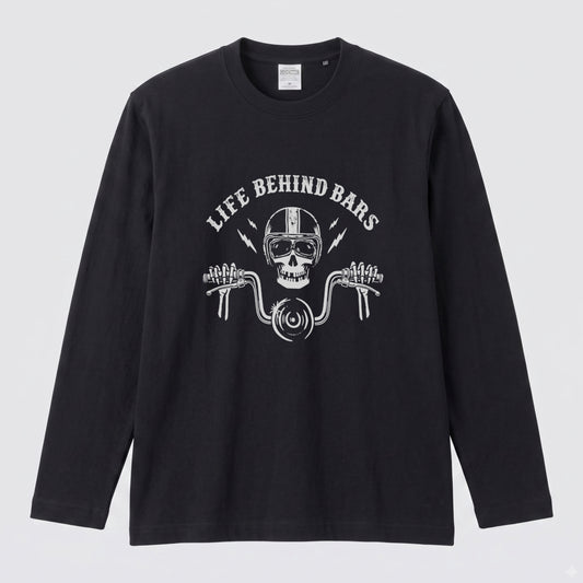 LIFE BEHIND BARS | スカル ライダー チョッパー ハンドル ヴィンテージ風 ロック グラフィック 長袖Tシャツ【バイク雑貨・ツーリング・カジュアル・ギフトに最適】