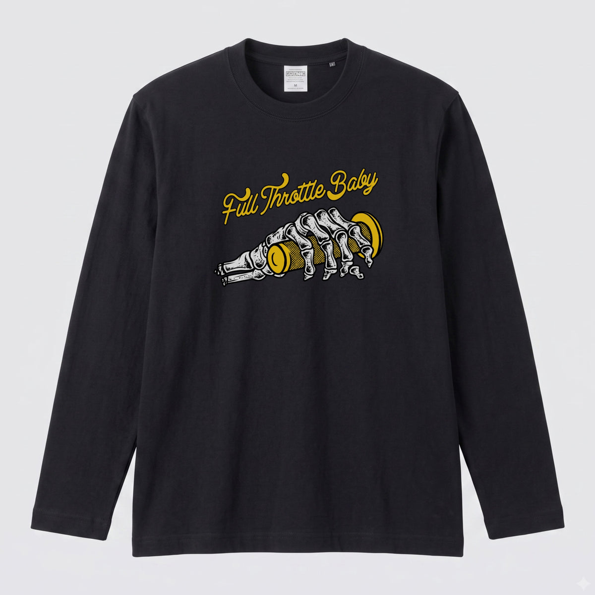 FULL THROTTLE BABY | アメカジ スケルトン グリップ バイク乗り イラスト 長袖Tシャツ【バイク好き・ガレージ・ツーリングウェア・プレゼントに最適】