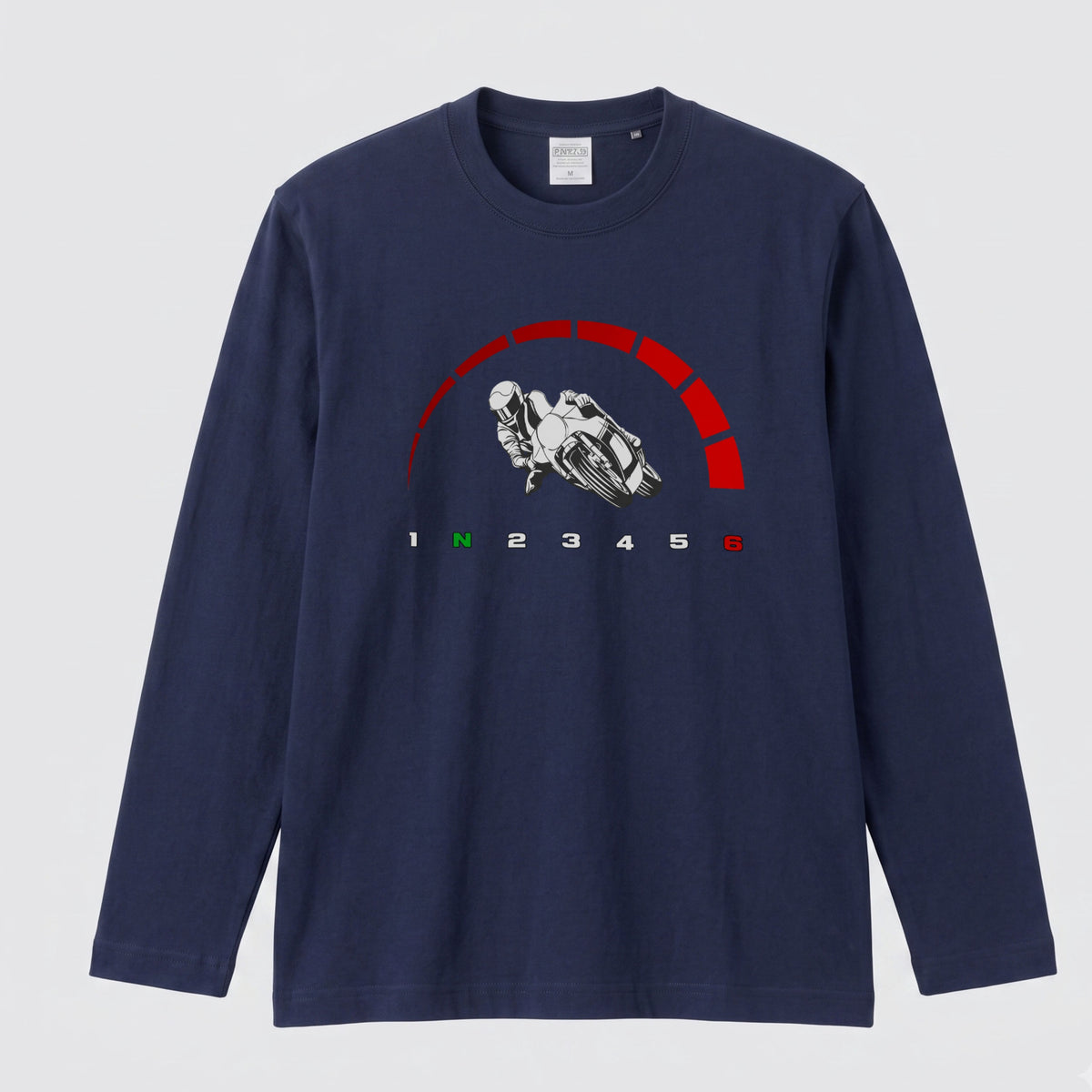 【サーキット＆SS好き必見】バイク タコメーター レッドゾーン ロングスリーブ Tシャツ 1N23456 ツーリング バイクウェア カジュアル ライダー ギフト