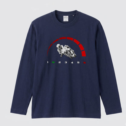 【サーキット＆SS好き必見】バイク タコメーター レッドゾーン ロングスリーブ Tシャツ 1N23456 ツーリング バイクウェア カジュアル ライダー ギフト