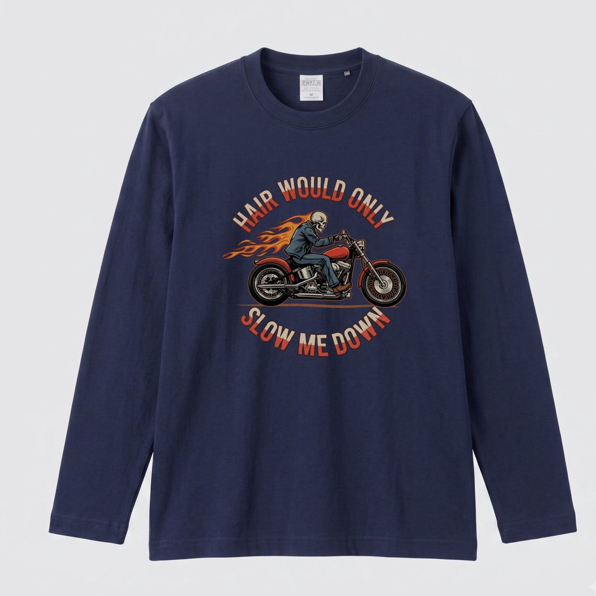 バイク スカル ロンT HAIR WOULD ONLY SLOW ME DOWN ドクロ 炎 ファイヤー アメリカン クルーザー 長袖 Tシャツ メンズ レディース バイク乗り ライダー ツーリング 服 おもしろ ギフト