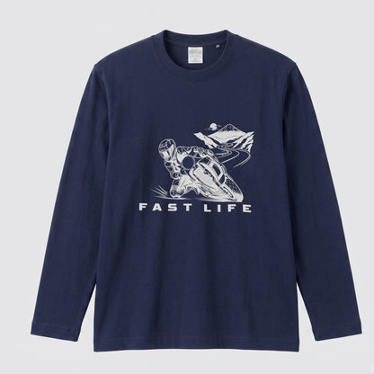 FAST LIFE | モーターサイクル レーサー イラスト モノトーン 長袖Tシャツ【バイク男子・バイク女子・ストリート・ギフト】