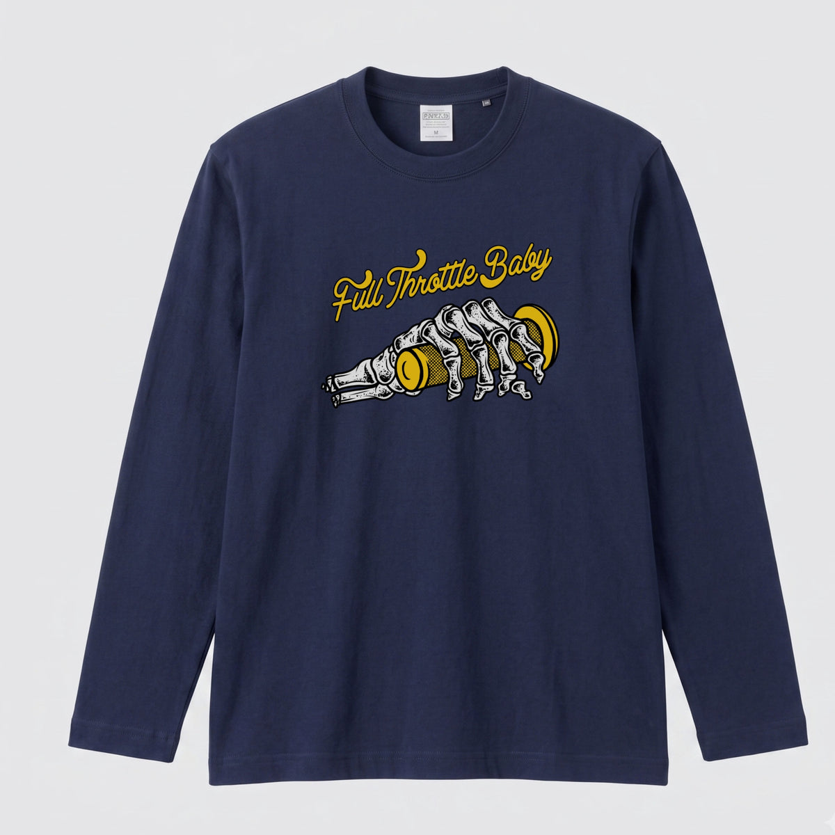 FULL THROTTLE BABY | アメカジ スケルトン グリップ バイク乗り イラスト 長袖Tシャツ【バイク好き・ガレージ・ツーリングウェア・プレゼントに最適】
