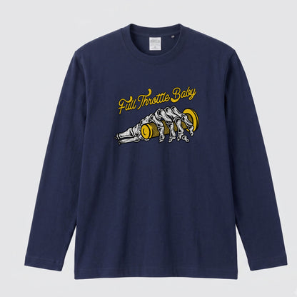 FULL THROTTLE BABY | アメカジ スケルトン グリップ バイク乗り イラスト 長袖Tシャツ【バイク好き・ガレージ・ツーリングウェア・プレゼントに最適】