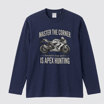 MASTER THE CORNER | モーターサイクル レーサー イラスト 英字ロゴ 長袖Tシャツ【バイク男子・バイク女子・ストリート・ギフト】
