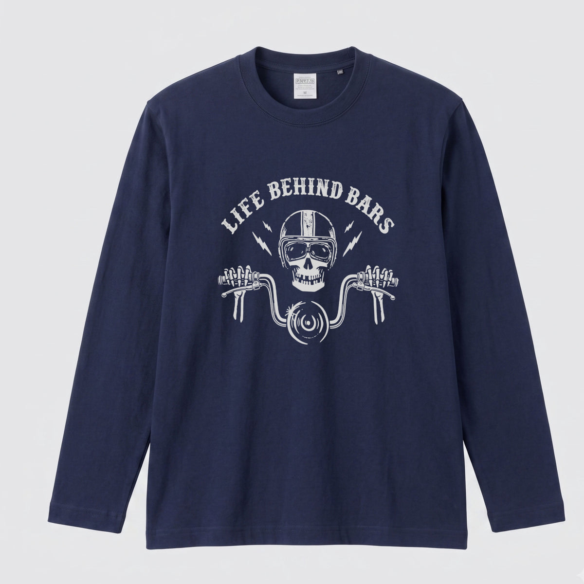 LIFE BEHIND BARS | スカル ライダー チョッパー ハンドル ヴィンテージ風 ロック グラフィック 長袖Tシャツ【バイク雑貨・ツーリング・カジュアル・ギフトに最適】
