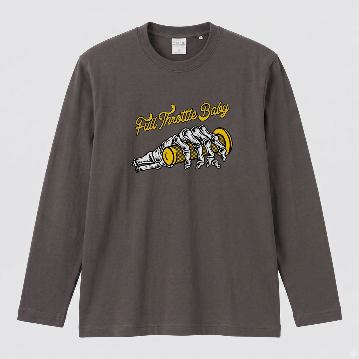 FULL THROTTLE BABY | アメカジ スケルトン グリップ バイク乗り イラスト 長袖Tシャツ【バイク好き・ガレージ・ツーリングウェア・プレゼントに最適】