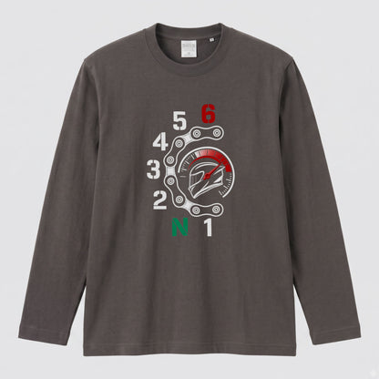 バイク シフトパターン ロンT ドライブチェーン タコメーター ヘルメット 1N23456 長袖 Tシャツ スーパースポーツ SS メンズ レディース バイク乗り ライダー ツーリング 服 ギフト