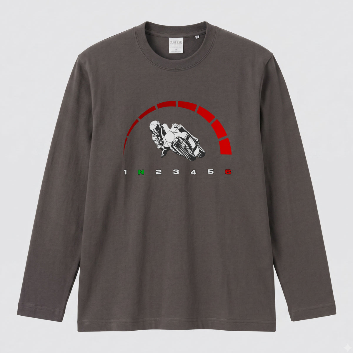 【サーキット＆SS好き必見】バイク タコメーター レッドゾーン ロングスリーブ Tシャツ 1N23456 ツーリング バイクウェア カジュアル ライダー ギフト