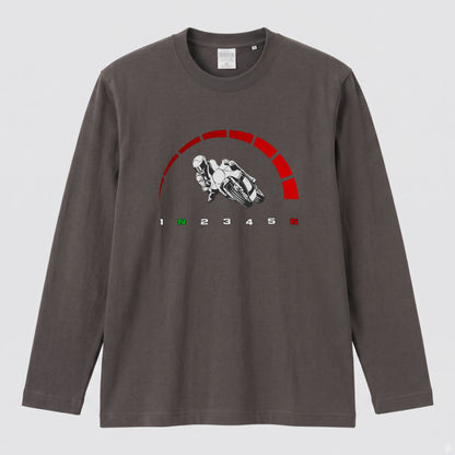 【サーキット＆SS好き必見】バイク タコメーター レッドゾーン ロングスリーブ Tシャツ 1N23456 ツーリング バイクウェア カジュアル ライダー ギフト