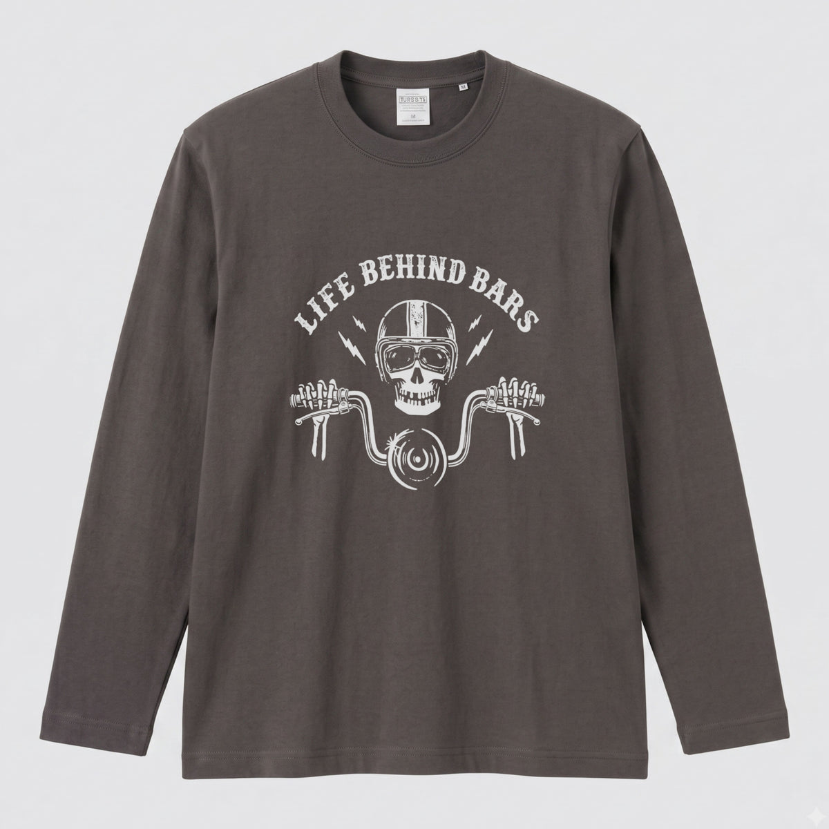 LIFE BEHIND BARS | スカル ライダー チョッパー ハンドル ヴィンテージ風 ロック グラフィック 長袖Tシャツ【バイク雑貨・ツーリング・カジュアル・ギフトに最適】