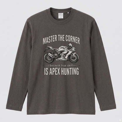 MASTER THE CORNER | モーターサイクル レーサー イラスト 英字ロゴ 長袖Tシャツ【バイク男子・バイク女子・ストリート・ギフト】