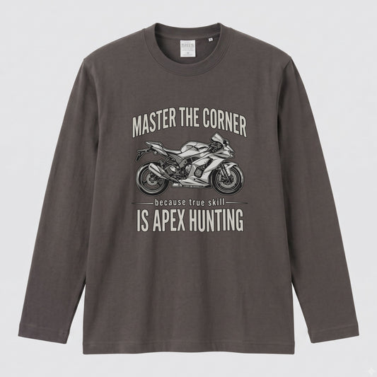 MASTER THE CORNER | モーターサイクル レーサー イラスト 英字ロゴ 長袖Tシャツ【バイク男子・バイク女子・ストリート・ギフト】