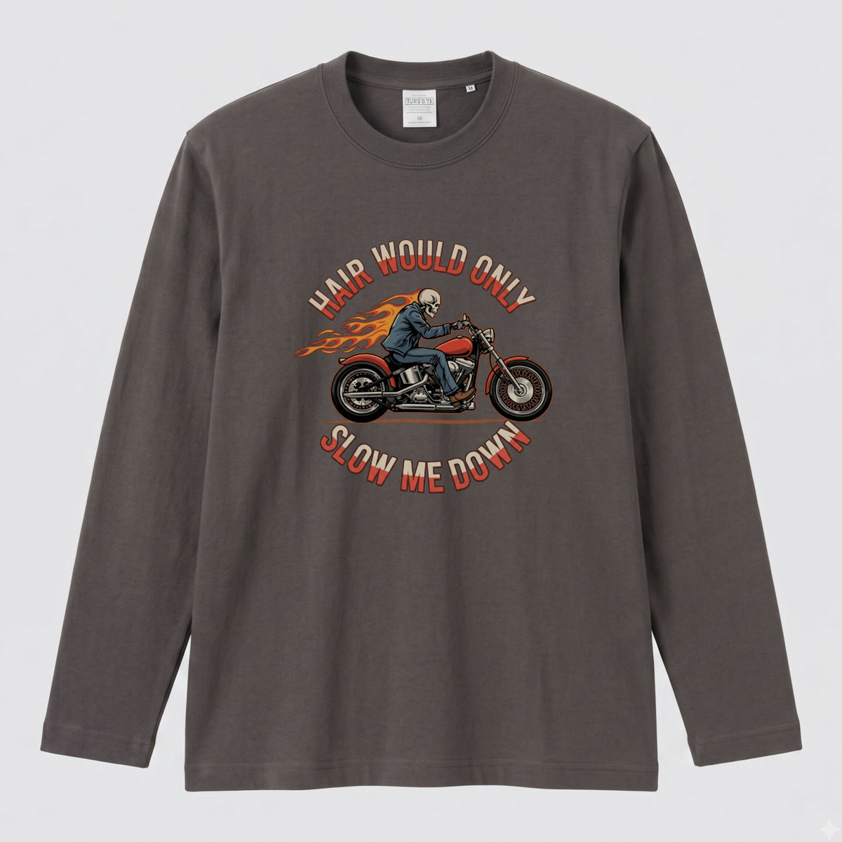 バイク スカル ロンT HAIR WOULD ONLY SLOW ME DOWN ドクロ 炎 ファイヤー アメリカン クルーザー 長袖 Tシャツ メンズ レディース バイク乗り ライダー ツーリング 服 おもしろ ギフト