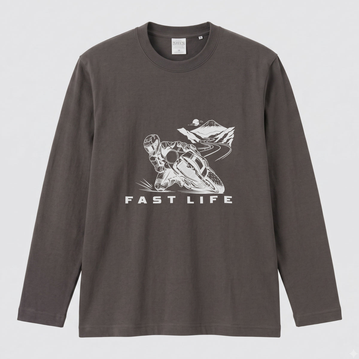 FAST LIFE | モーターサイクル レーサー イラスト モノトーン 長袖Tシャツ【バイク男子・バイク女子・ストリート・ギフト】