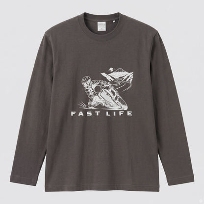 FAST LIFE | モーターサイクル レーサー イラスト モノトーン 長袖Tシャツ【バイク男子・バイク女子・ストリート・ギフト】