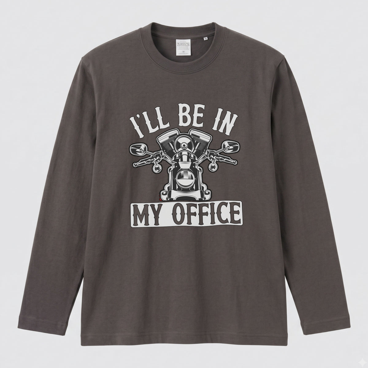 バイク おもしろ ロンT I'LL BE IN MY OFFICE Vツイン エンジン アメリカン クルーザー 長袖 Tシャツ メッセージ メンズ レディース バイク乗り ライダー ツーリング 服 ギフト