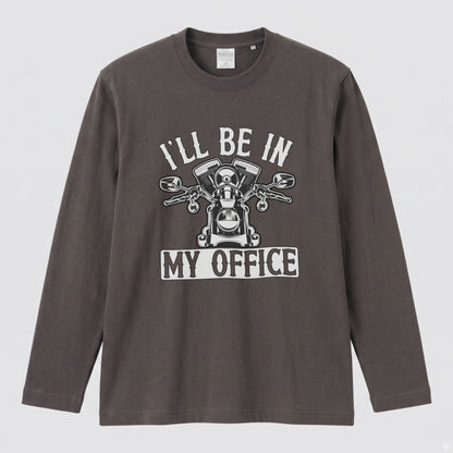 バイク おもしろ ロンT I'LL BE IN MY OFFICE Vツイン エンジン アメリカン クルーザー 長袖 Tシャツ メッセージ メンズ レディース バイク乗り ライダー ツーリング 服 ギフト
