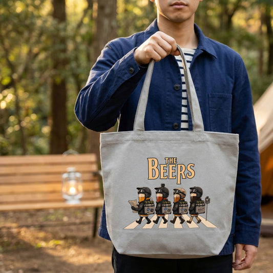 【キャンプ＆バイク好き必見】THE BEERS キャンバス トートバッグ A4 大容量 アウトドア ツーリング エコバッグ ビール おもしろ プレゼント