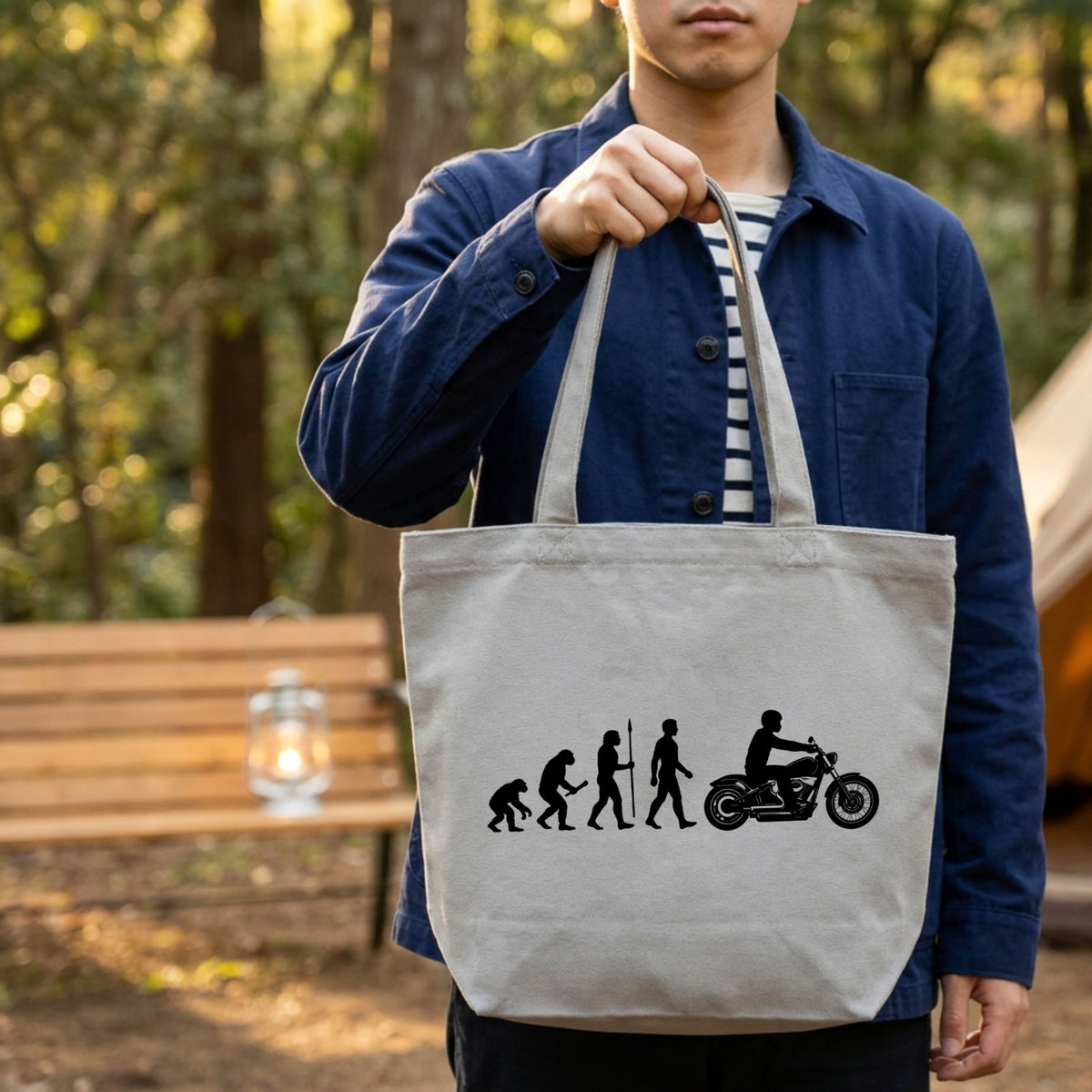 バイク 人類の進化 トートバッグ キャンバス A4 大容量 厚手 エコバッグ アメリカン クルーザー バイク乗り ライダー ギフト おもしろ メンズ レディース