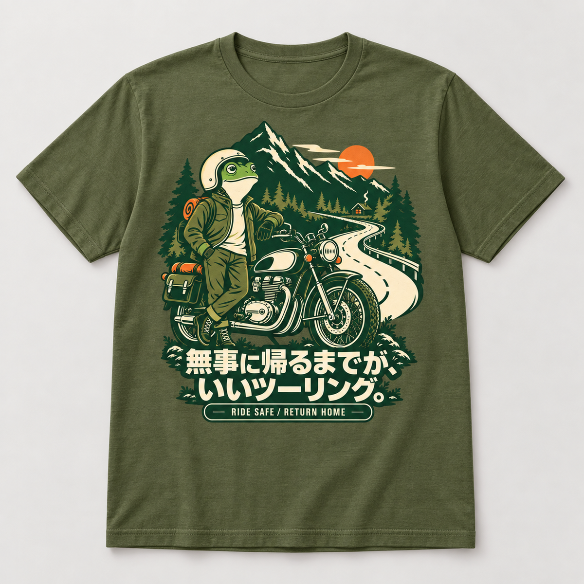 カエルライダー バイクTシャツ フロントプリント olive