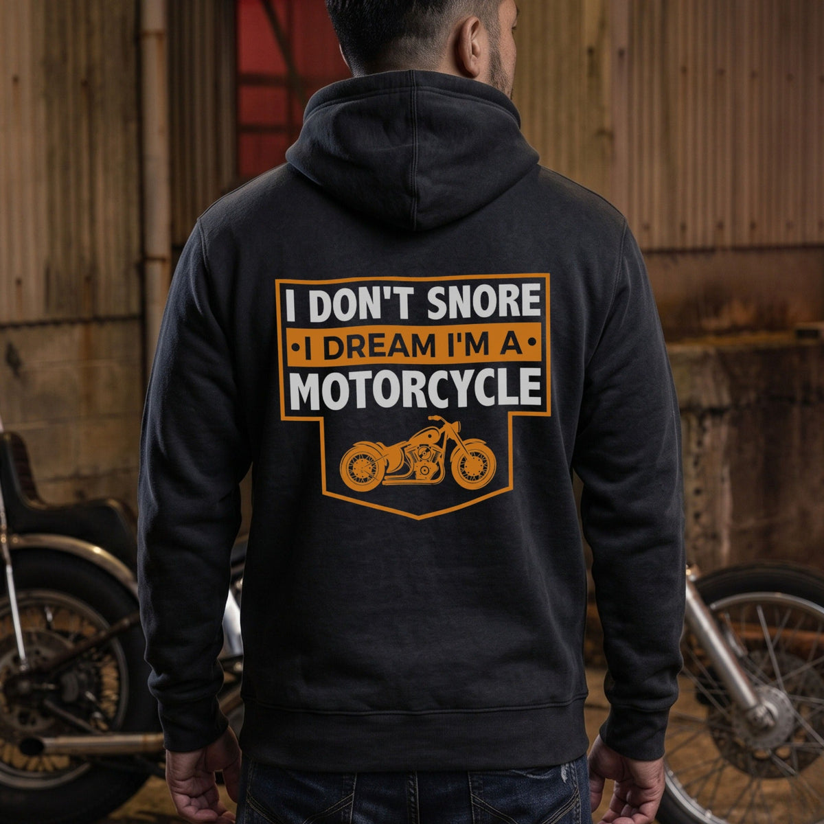 ブラック I Don't Snore モーターサイクル パーカー バックプリント