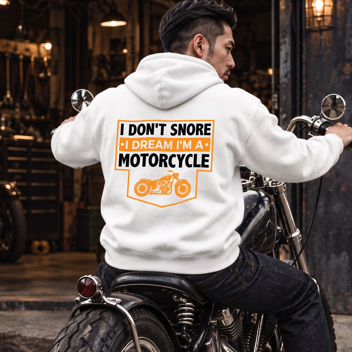 ブラック I Don't Snore モーターサイクル パーカー バックプリント