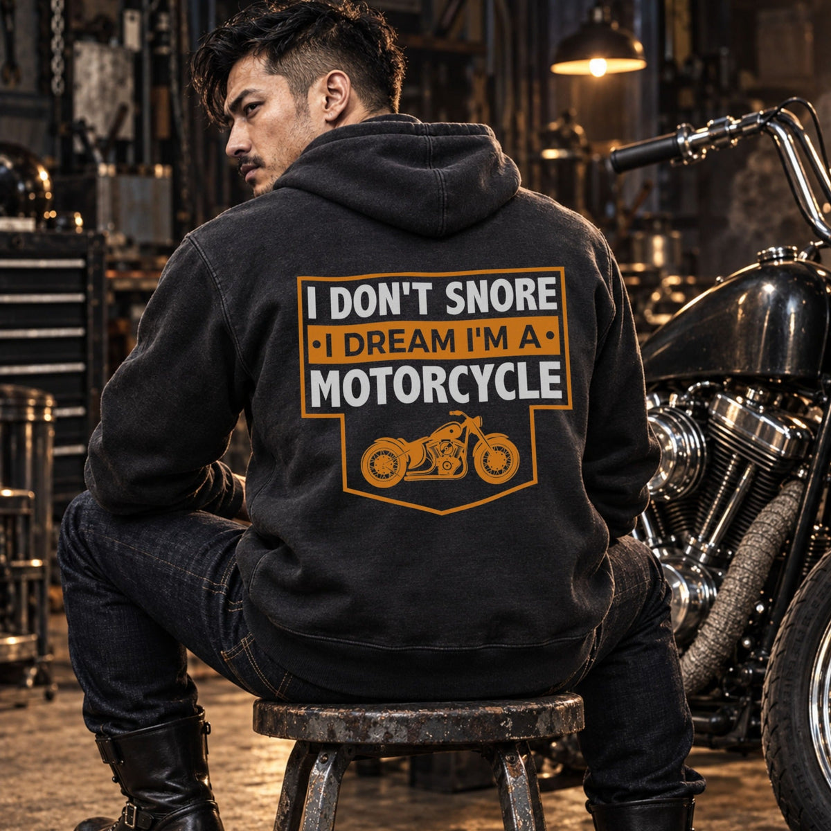 グレー I Don't Snore モーターサイクル パーカー バックプリント