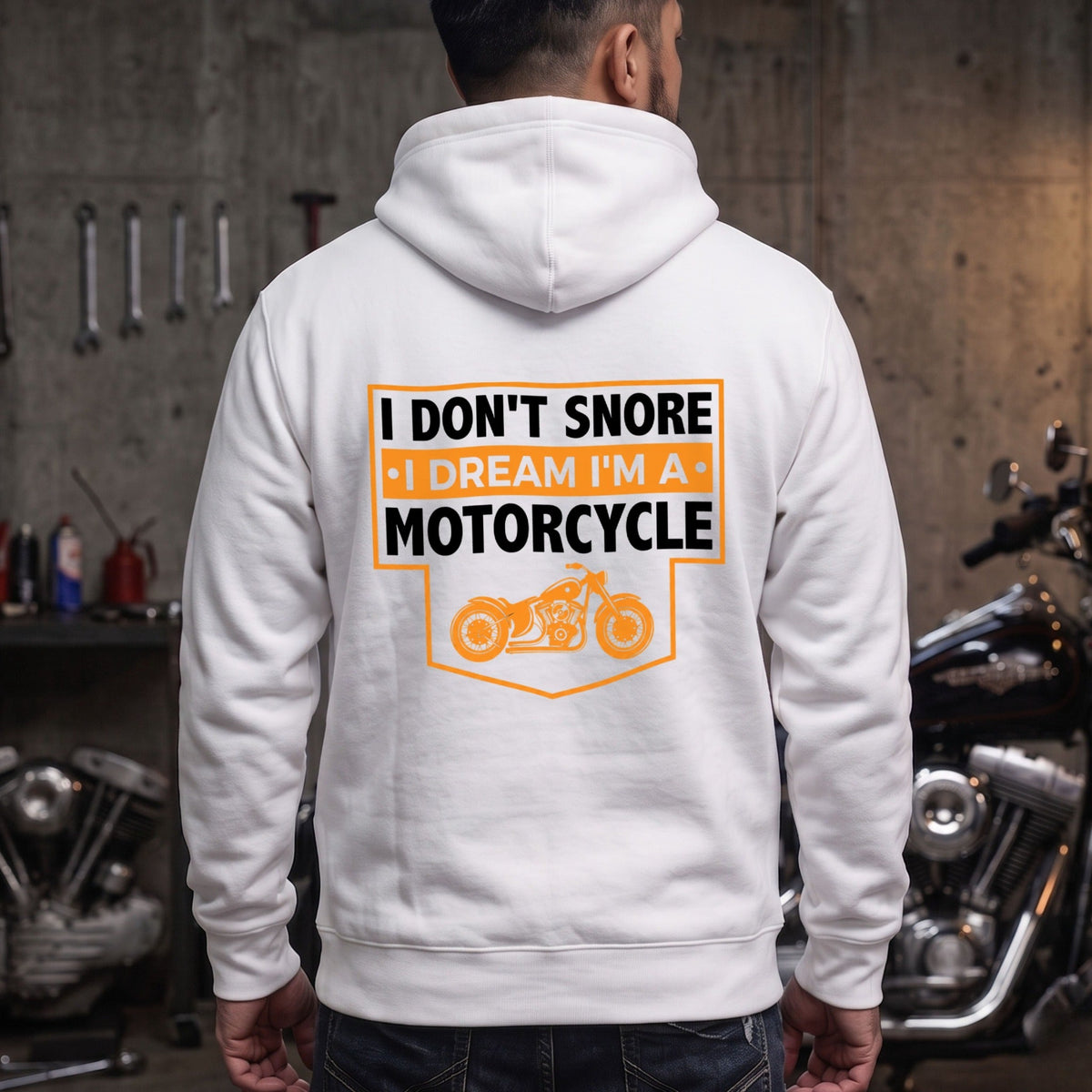 ホワイト I Don't Snore モーターサイクル パーカー バックプリント