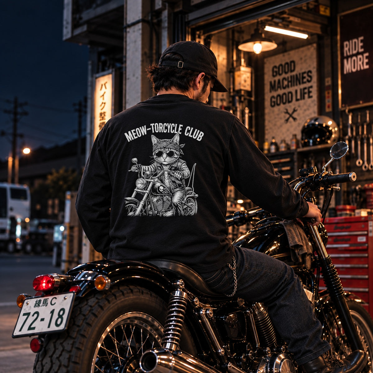 MEOW-TORCYCLE CLUB 猫ライダー バイク 長袖Tシャツ バックプリント