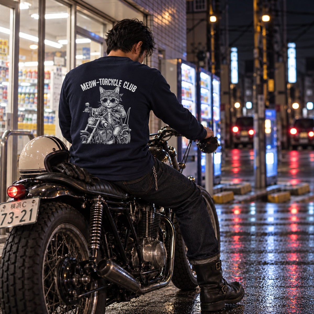MEOW-TORCYCLE CLUB 猫ライダー バイク 長袖Tシャツ バックプリント