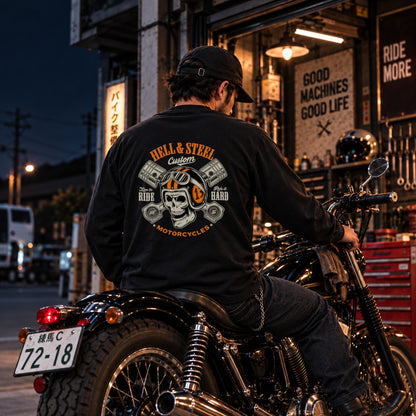 HELL & STEEL Custom スカルヘルメット ピストン 長袖Tシャツ バックプリント