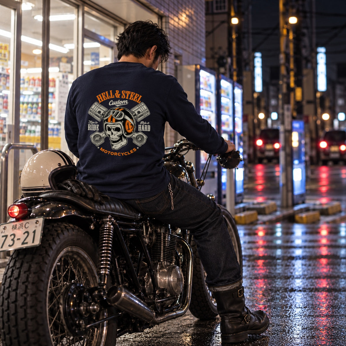 HELL & STEEL Custom スカルヘルメット ピストン 長袖Tシャツ バックプリント