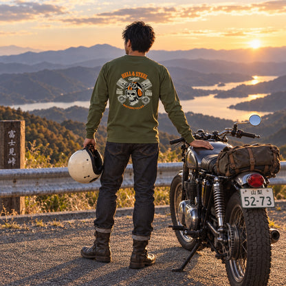 HELL & STEEL Custom スカルヘルメット ピストン 長袖Tシャツ バックプリント