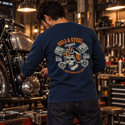 HELL & STEEL Custom スカルヘルメット ピストン 長袖Tシャツ バックプリント