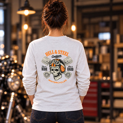 HELL & STEEL Custom スカルヘルメット ピストン 長袖Tシャツ バックプリント