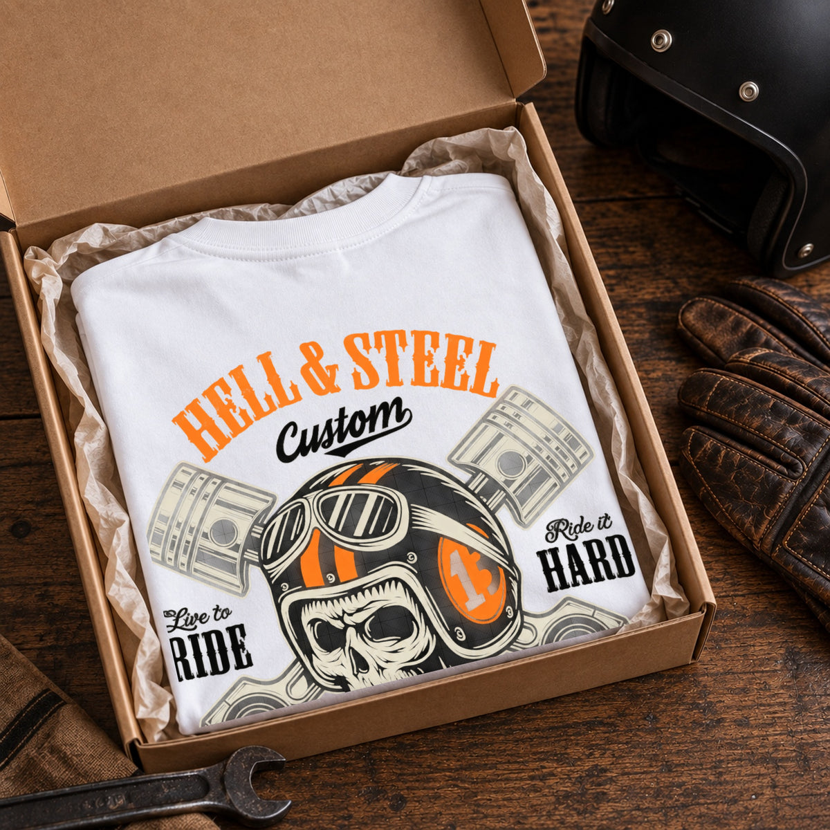 HELL & STEEL Custom スカルヘルメット ピストン 長袖Tシャツ バックプリント