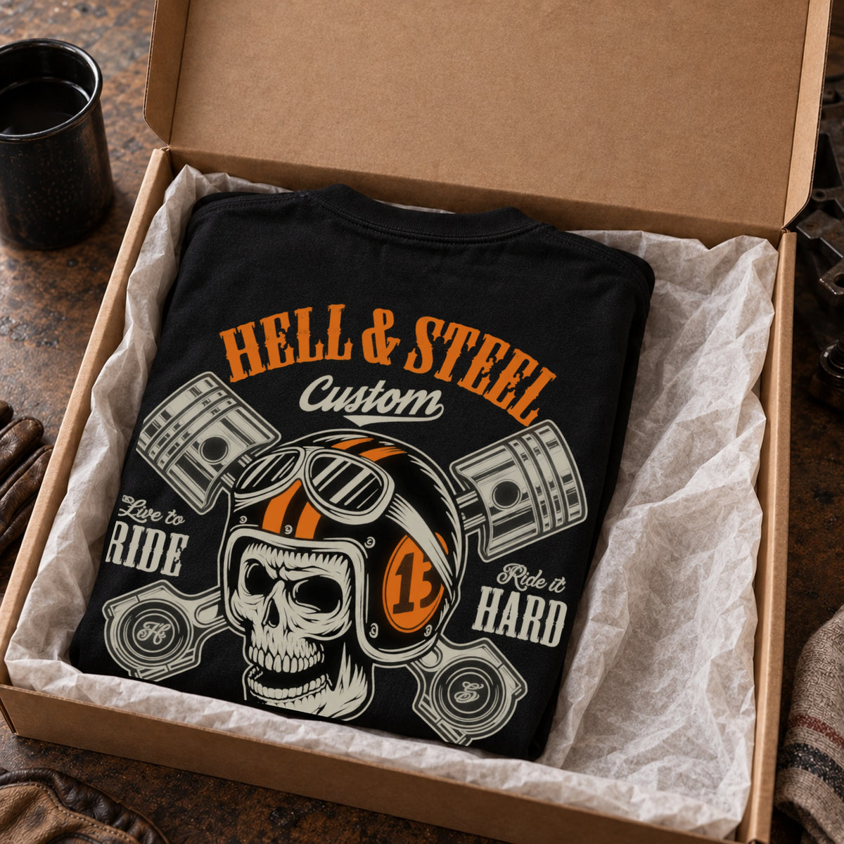 HELL & STEEL Custom スカルヘルメット ピストン 長袖Tシャツ バックプリント