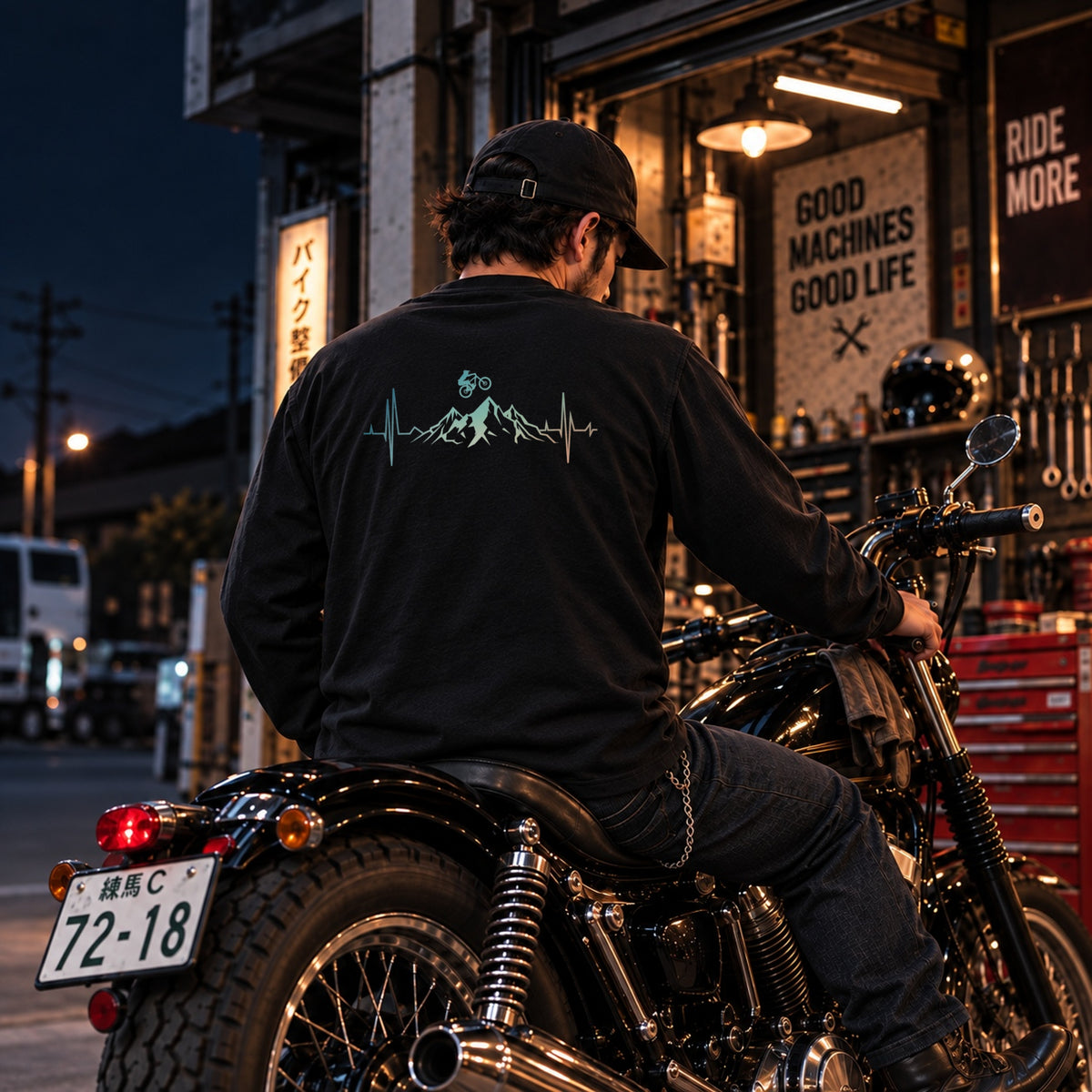 Mountain Ride マウンテンバイク 心電図 長袖Tシャツ バックプリント