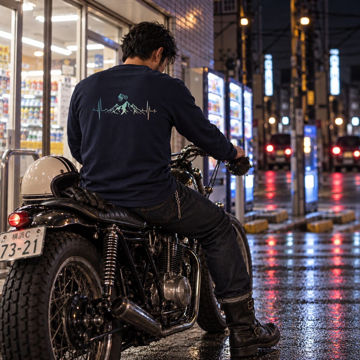 Mountain Ride マウンテンバイク 心電図 長袖Tシャツ バックプリント