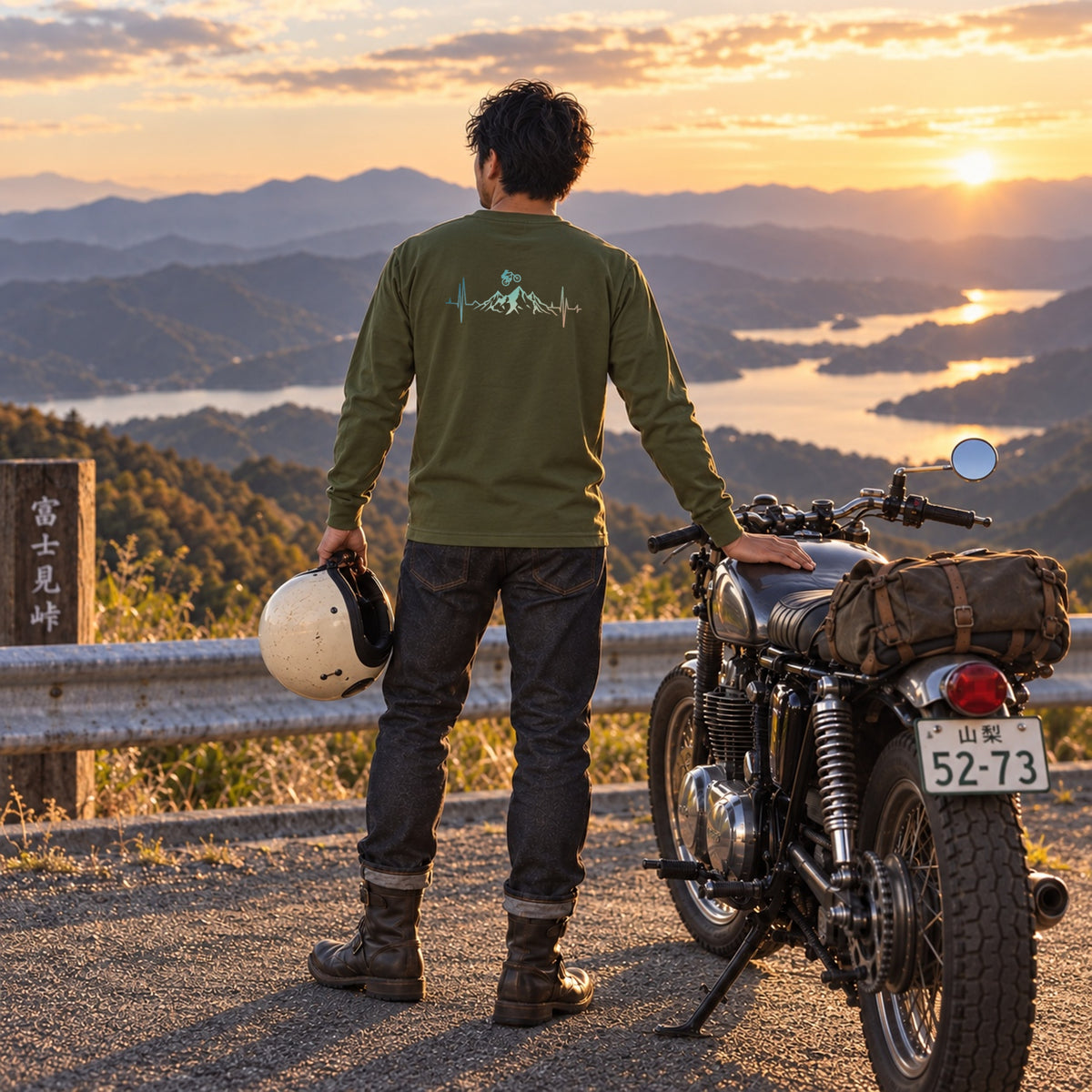 Mountain Ride マウンテンバイク 心電図 長袖Tシャツ バックプリント