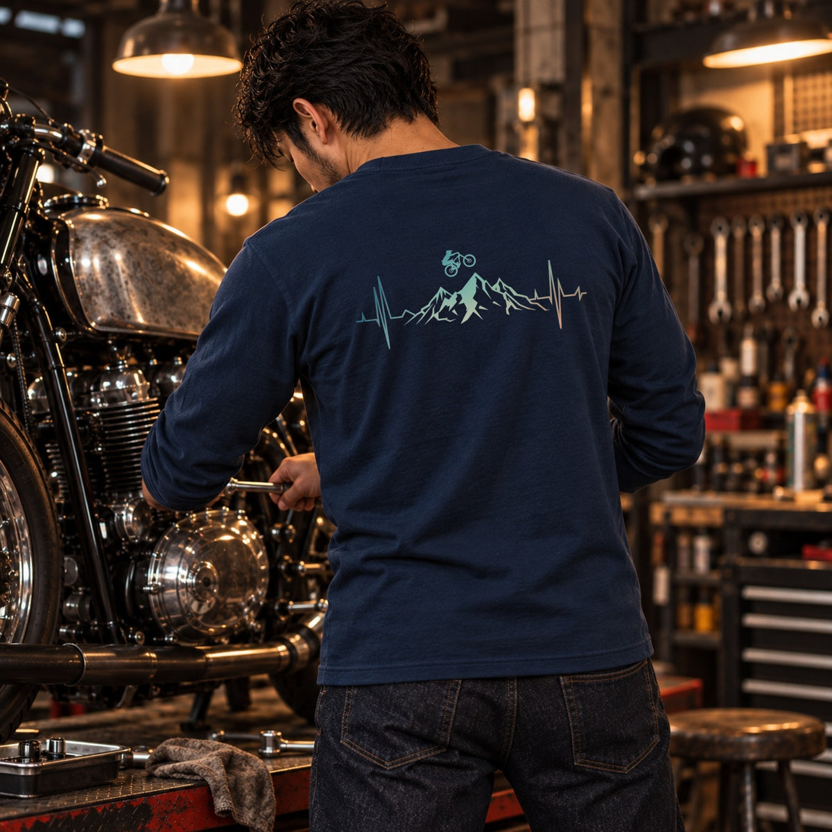 Mountain Ride マウンテンバイク 心電図 長袖Tシャツ バックプリント