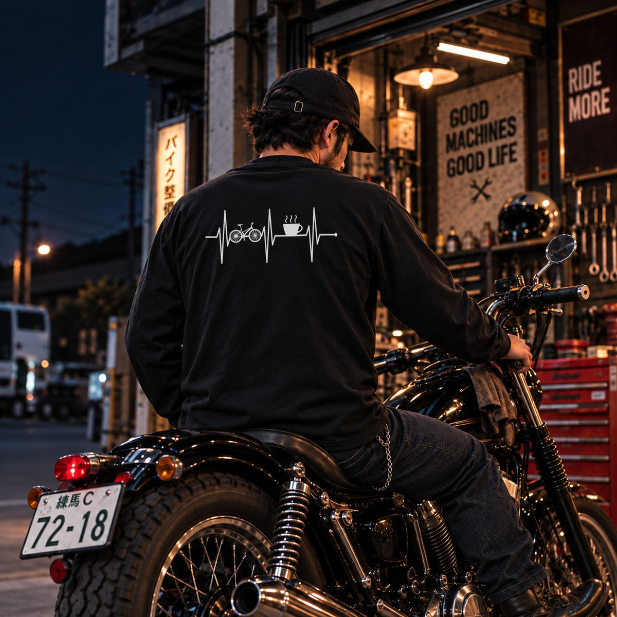 Bike & Coffee 自転車 コーヒーカップ 心電図 長袖Tシャツ バックプリント