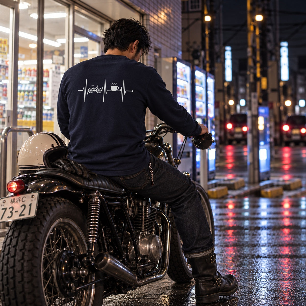 Bike & Coffee 自転車 コーヒーカップ 心電図 長袖Tシャツ バックプリント