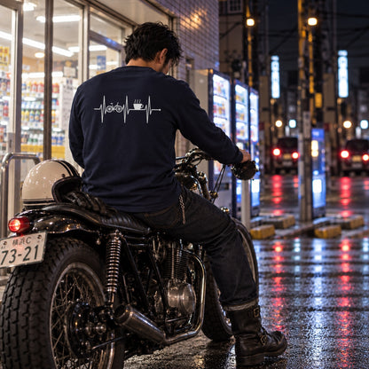 Bike & Coffee 自転車 コーヒーカップ 心電図 長袖Tシャツ バックプリント