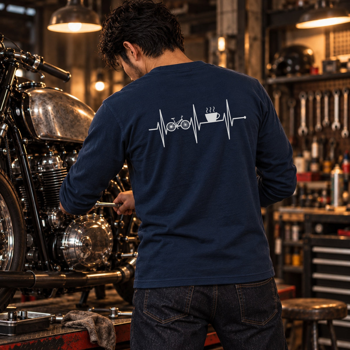 Bike & Coffee 自転車 コーヒーカップ 心電図 長袖Tシャツ バックプリント