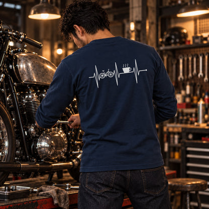 Bike & Coffee 自転車 コーヒーカップ 心電図 長袖Tシャツ バックプリント
