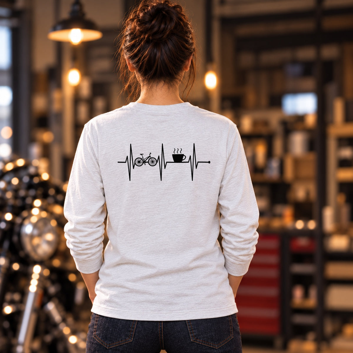 Bike & Coffee 自転車 コーヒーカップ 心電図 長袖Tシャツ バックプリント